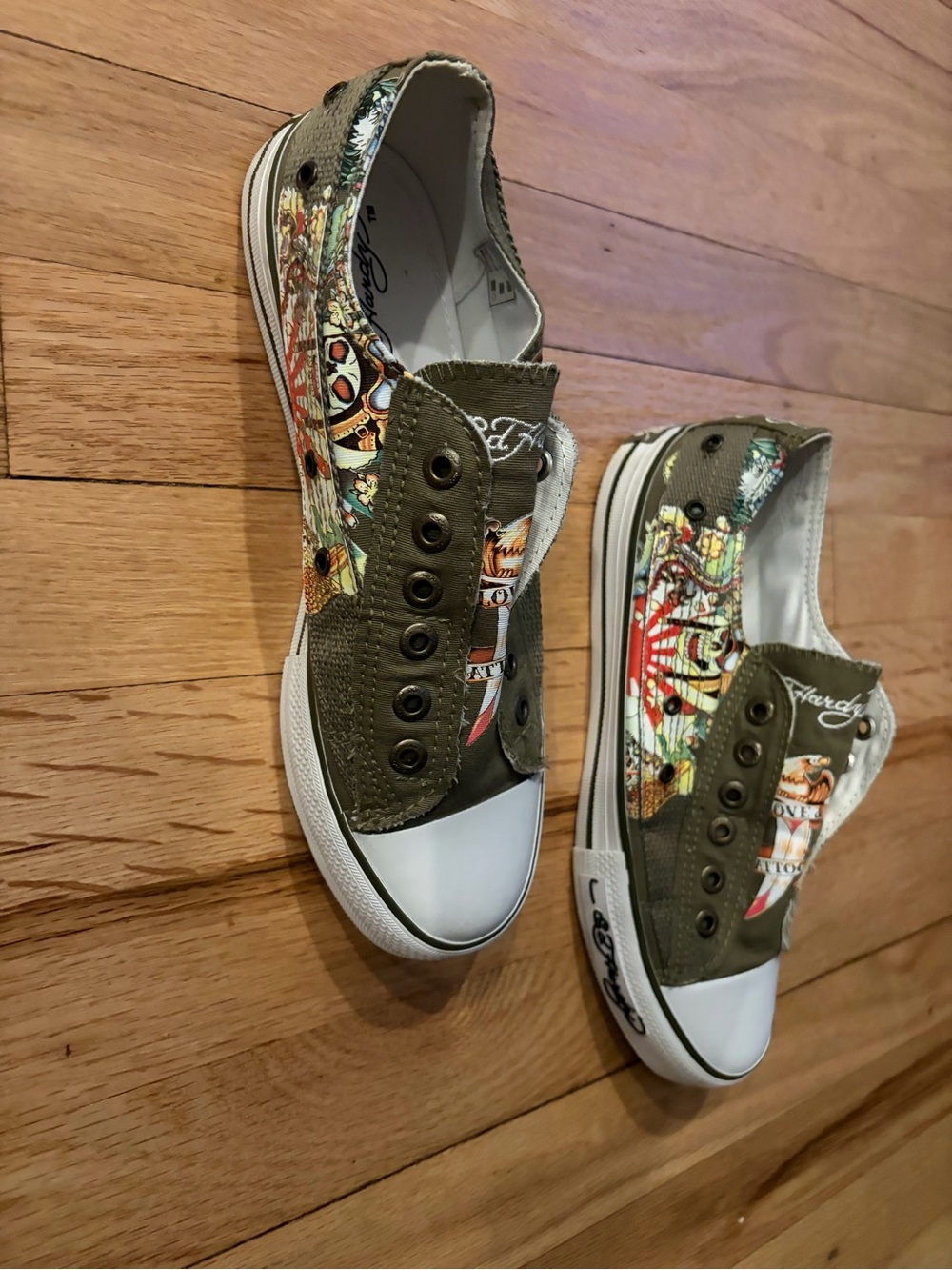 Olive Green Ed Hardy Canvas Slip-On Women's Sneakers - Picture 2 of 6